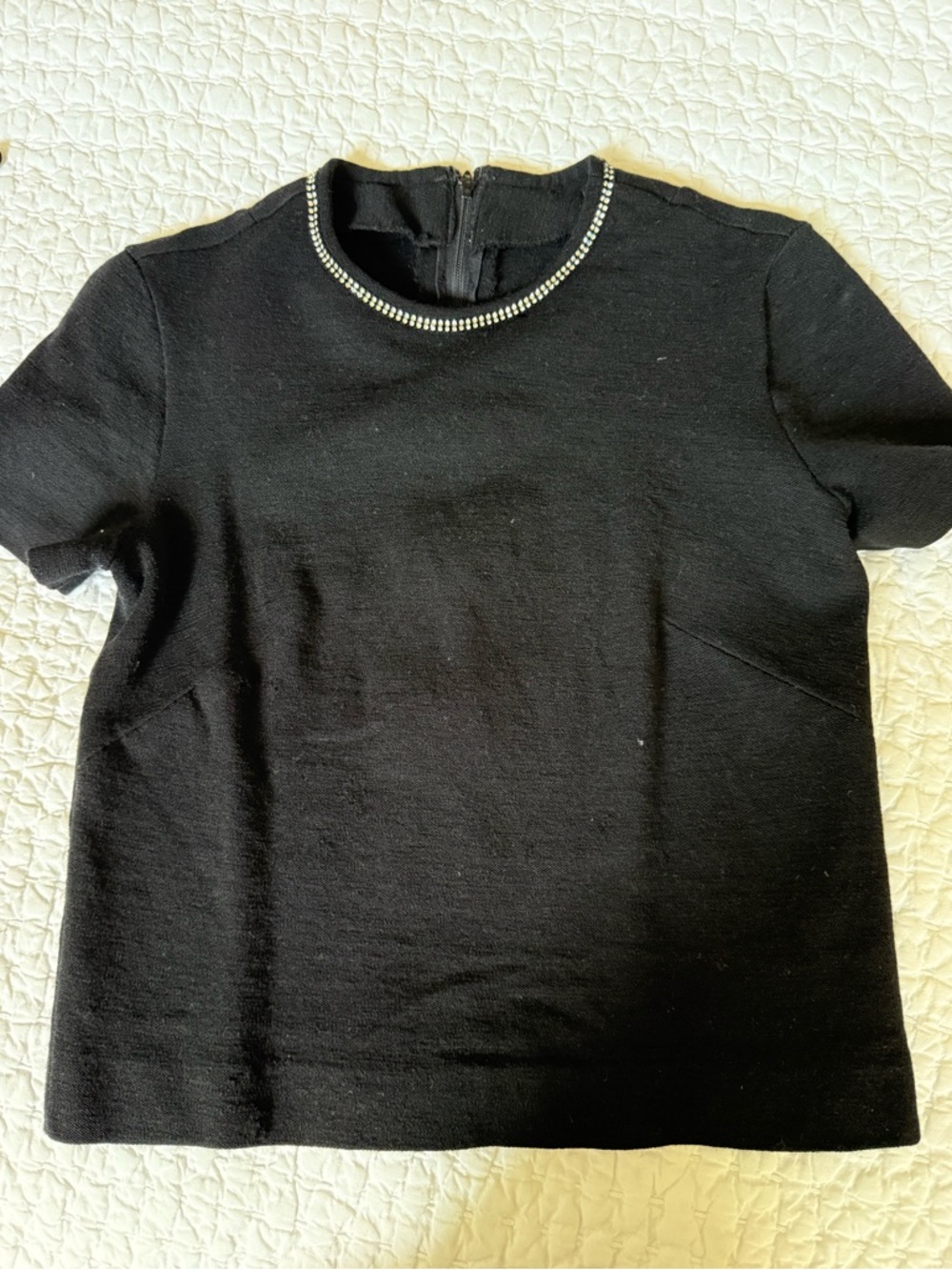 Vintage! Black Short-Sleeve Wool Blend Knit Top with Jeweled Neckline